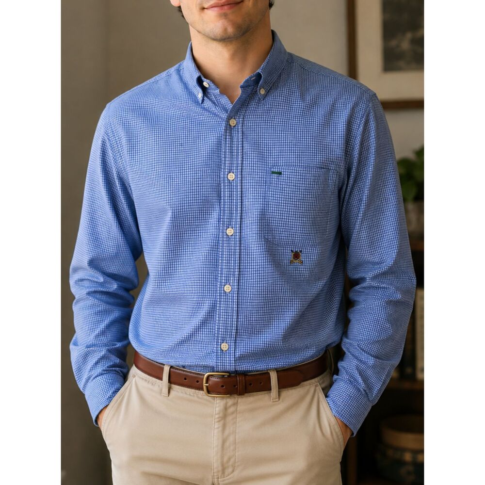 TOMMY HILFIGER Golf Button-Down Shirt XL Men's Blue Plaid Cotton Long Sleeve